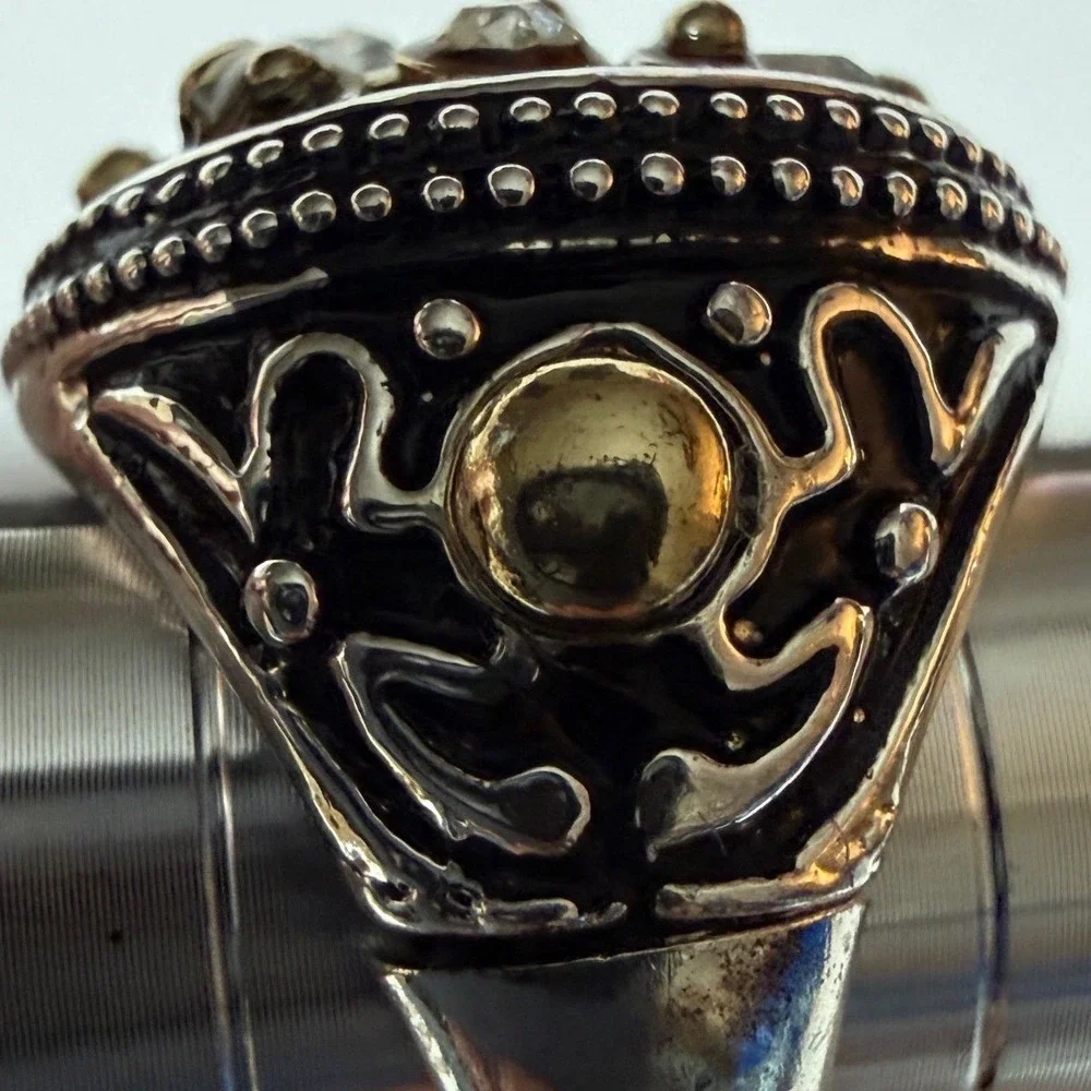 Statement Ring Multi Gemstone Gold and Silver Tone Mixed Metal Adjustable Band - Picture 11 of 12